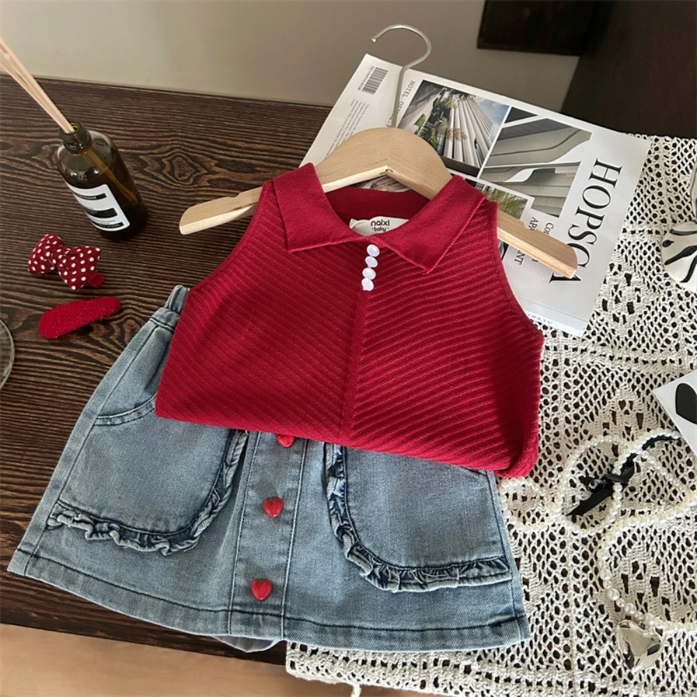 Chaleco de estilo coreano para niña, ropa de punto con solapa, color rojo, novedad de verano, 2024