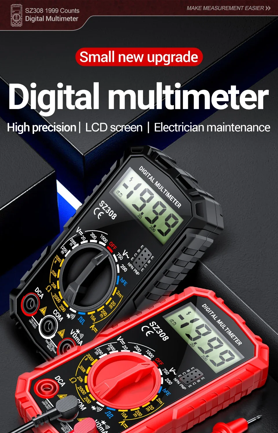 Digitales Multimeter, Rechteckwellen-Tester ANENG SZ308, Spannungs- und Widerstandsmessgerät, AC/DC-Strommessgerät, Elektriker-LCD-Hintergrundbeleuchtung, Ohmmeter-Werkzeug – Detail 4