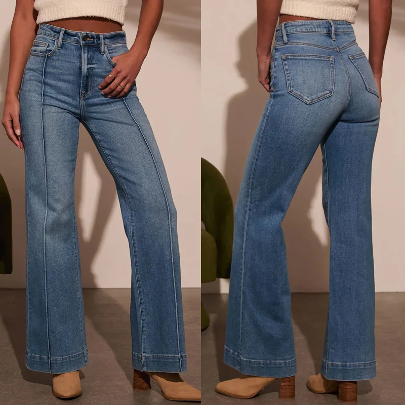 Damskie spodnie z szerokimi nogawkami, jeansy vintage, spodnie z średnim stanem, elastyczne, sprane, postarzane, z kieszeniami, codzienne, do biura, dżinsy, długość do podłogi.