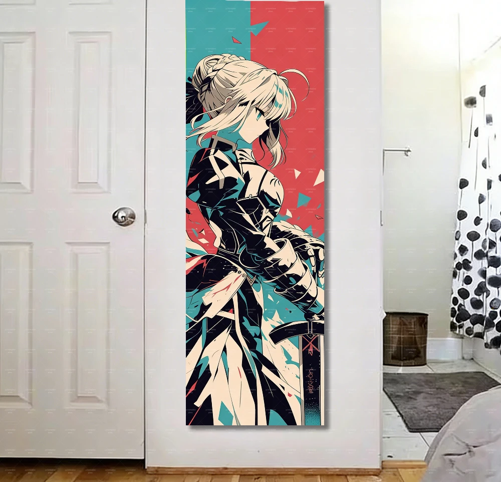 Saber Anime Long Tapestry, Vertical Wall Hanging, Retro Anime Art Decor for Bedroom, Anime Fans Gift