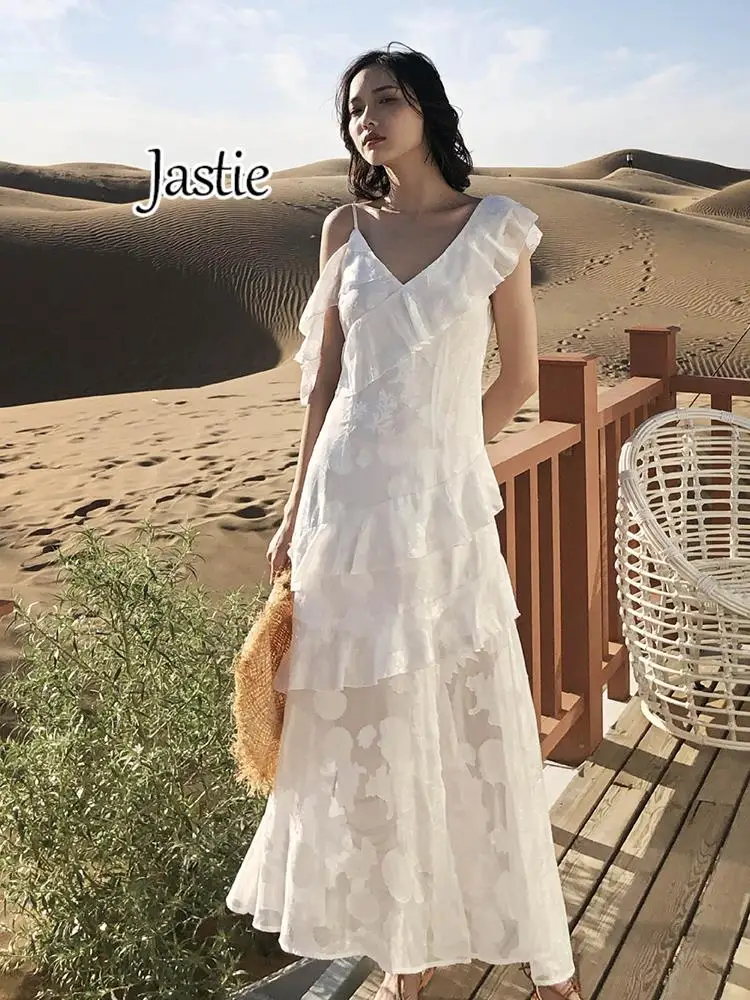 

Jastie Ruffled V-neck Sleeveless Strap Dresses Women White Embroidered Chiffon Long Dress Casual Seaside Vacation Beach Dress