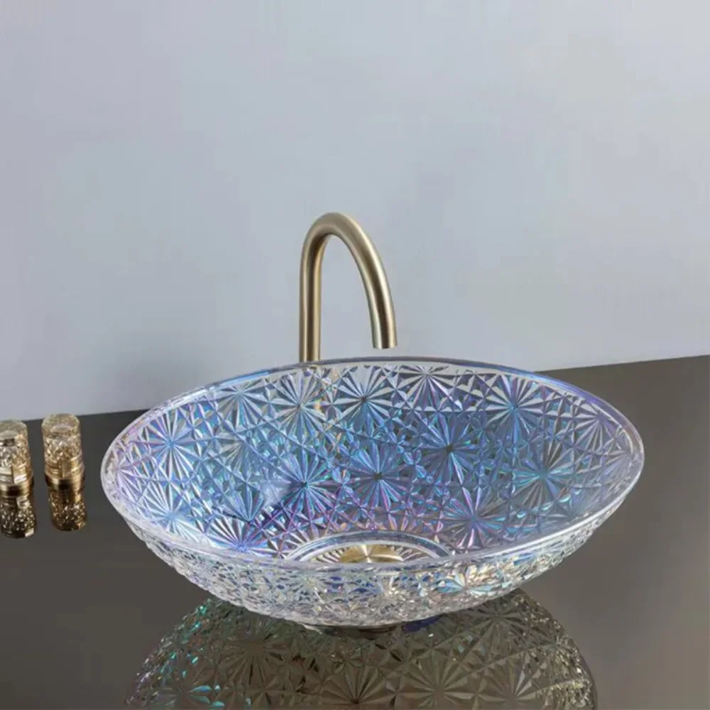 

Modern luxury round glass basin bathroom high quality crystal color luxury hotel wash basin