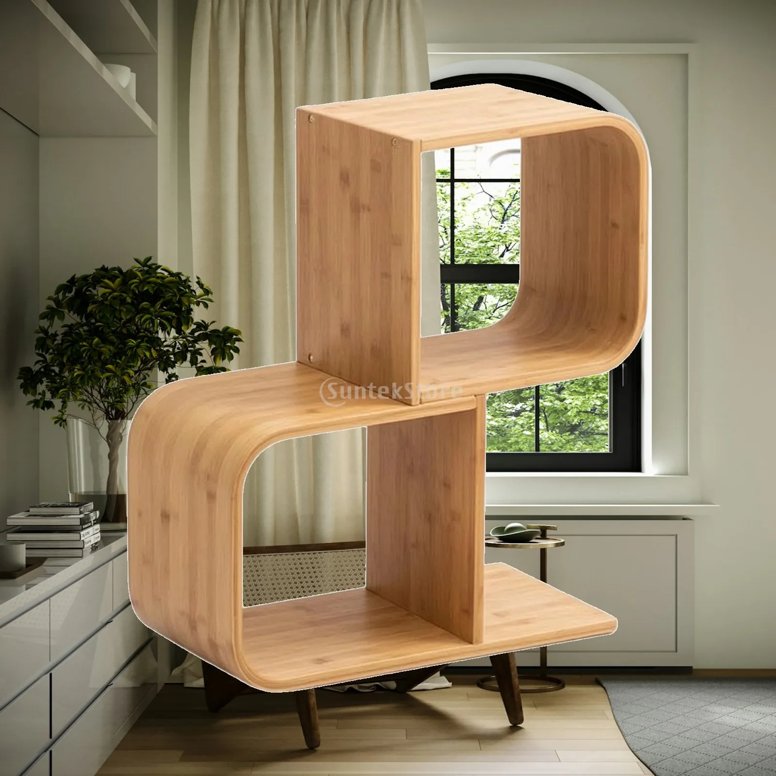 Curved S Shape Bookshelf Bamboo Wooden Bookcase Organizer for Children Bedroom Compact Floor Shelf Furniture