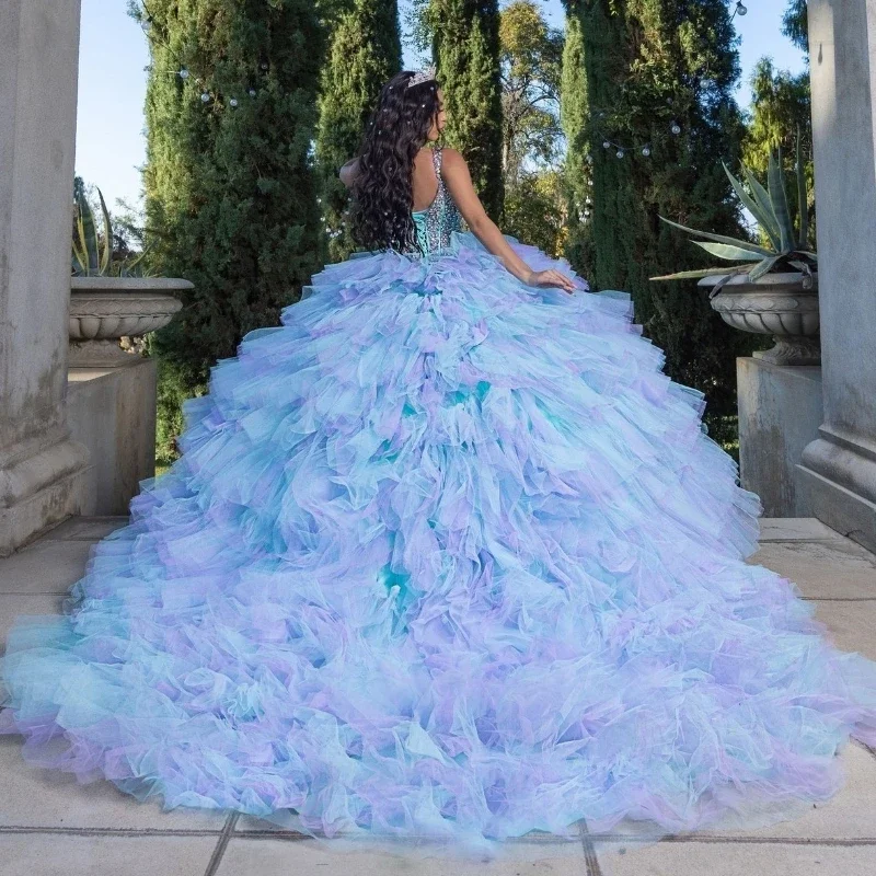 Angelsbridep ชุดชุดไปงานเต้นรำสีฟ้าและสีม่วงอายุ15ปี quinceanera ชุด2025ฉัตรประดับด้วยลูกปัดหวาน16ชุดเดรสปาร์ตี้เย็น