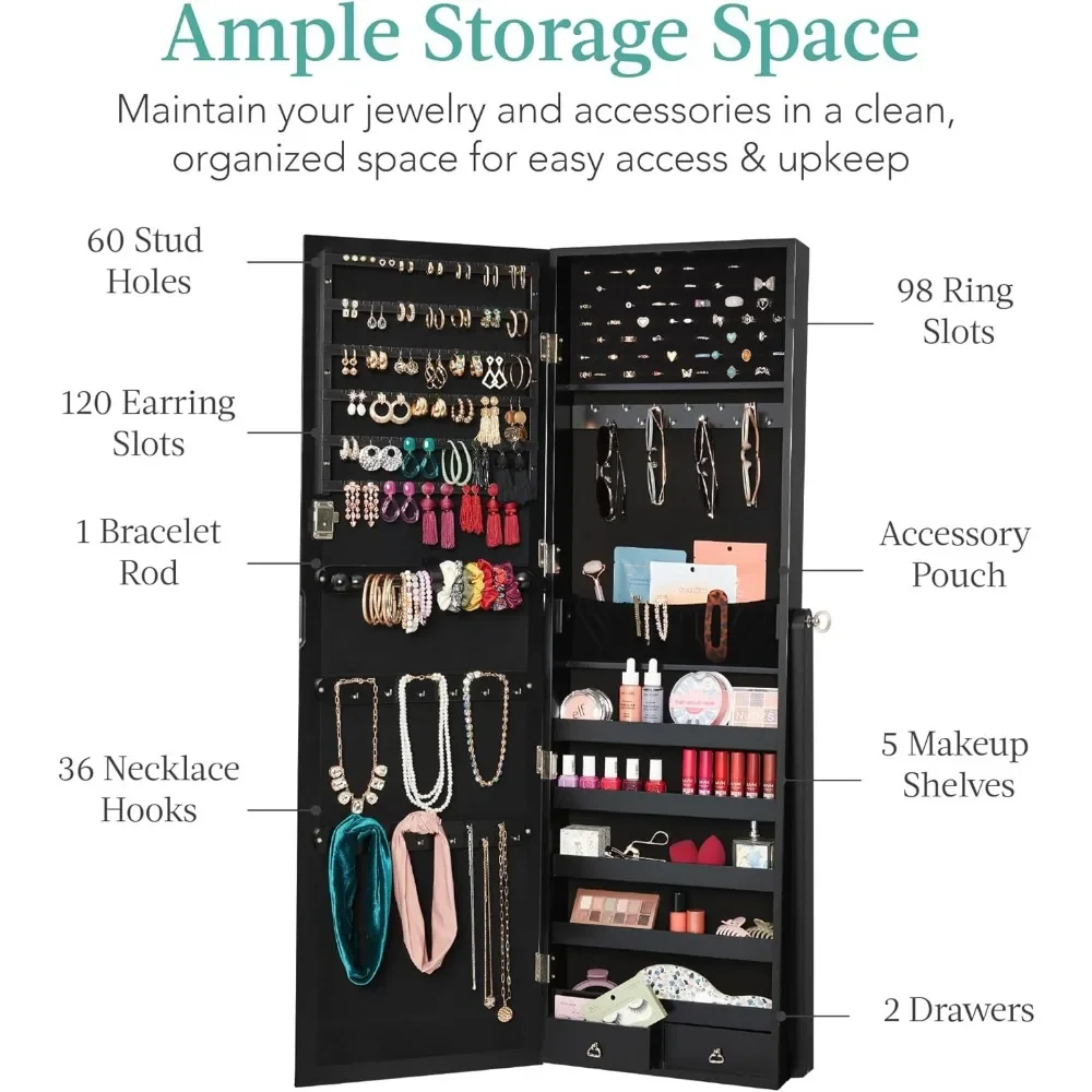 Freestanding Jewelry Armoire Cabinet, Full Length Standing Mirror, Lockable Makeup Storage Organizer, w/Velvet Lining, 3 Angles