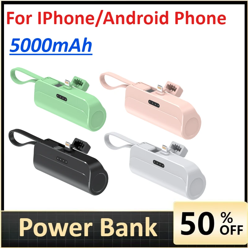 

Mini Power Bank Portable 5000mAh for IPhone/Android Phone Fast Charge with Type-C /Lightning Plug Compact Emergency Battery Pack