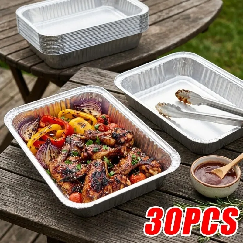 30Pcs 830ml Aluminum Foil Baking Pan Disposable Rectangular Food Container for Oven BBQ Camping Take Out Deep Tray Heat Storage