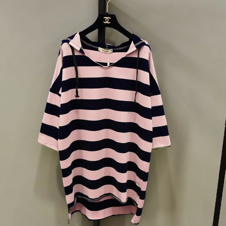 New Fashion Korea Summer Hooded T-shirt Batwing Short Sleeve Pullover Top Mid-long Striped Loose Thin Sweatshirt Students Casual