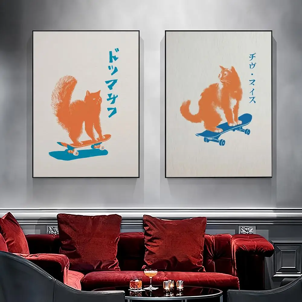 Japanese Pop Art Orange Cat Canvas Poster Retro Skateboard Funny Animal Modern Home Decor Cat Lover Painting Calligraphy