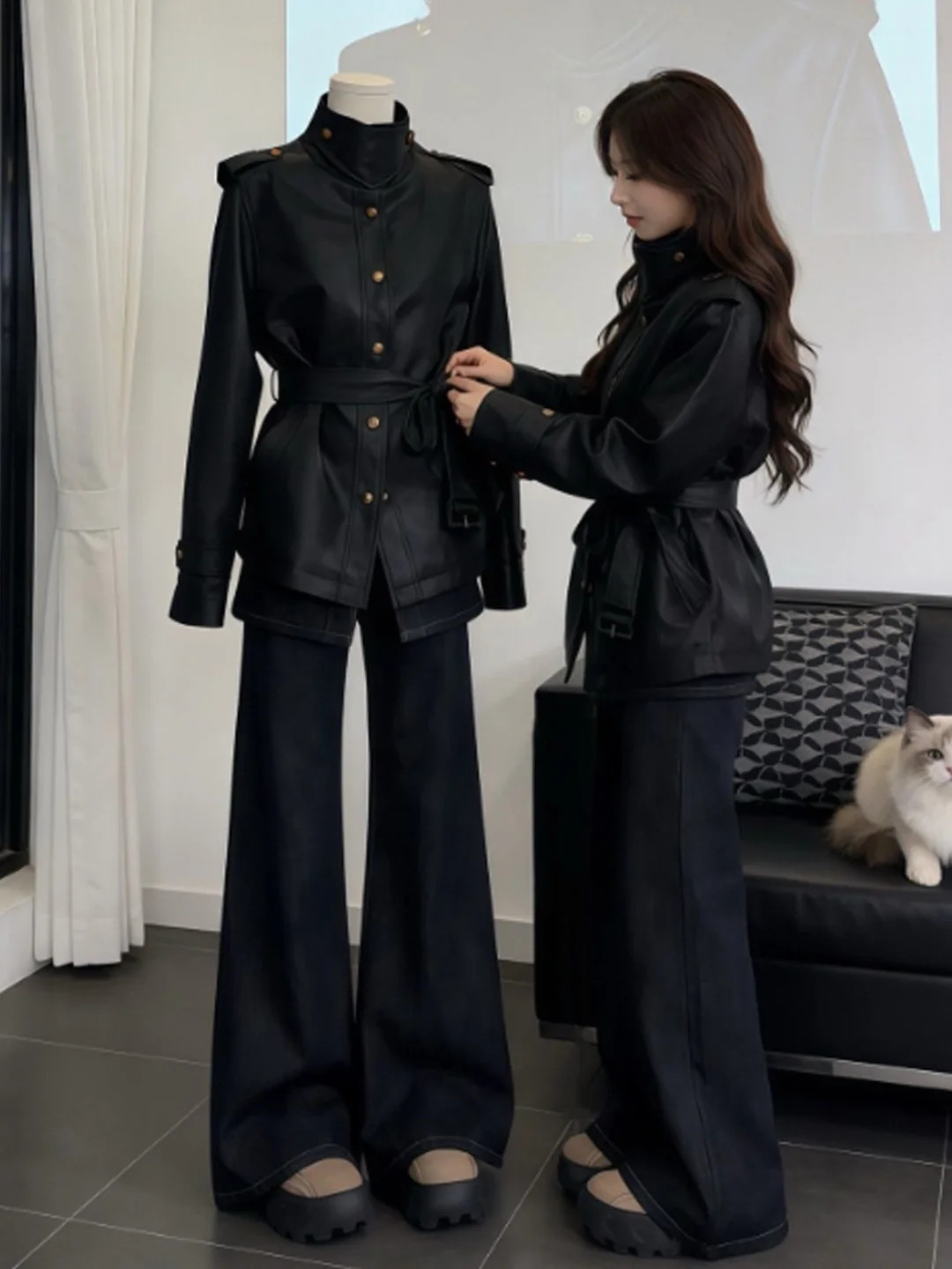 

Жилет с поясом в стиле ретро, черное модное пальто Ele, весна 2026, женское кожаное пальто Jaet Long Sve без мехового воротника