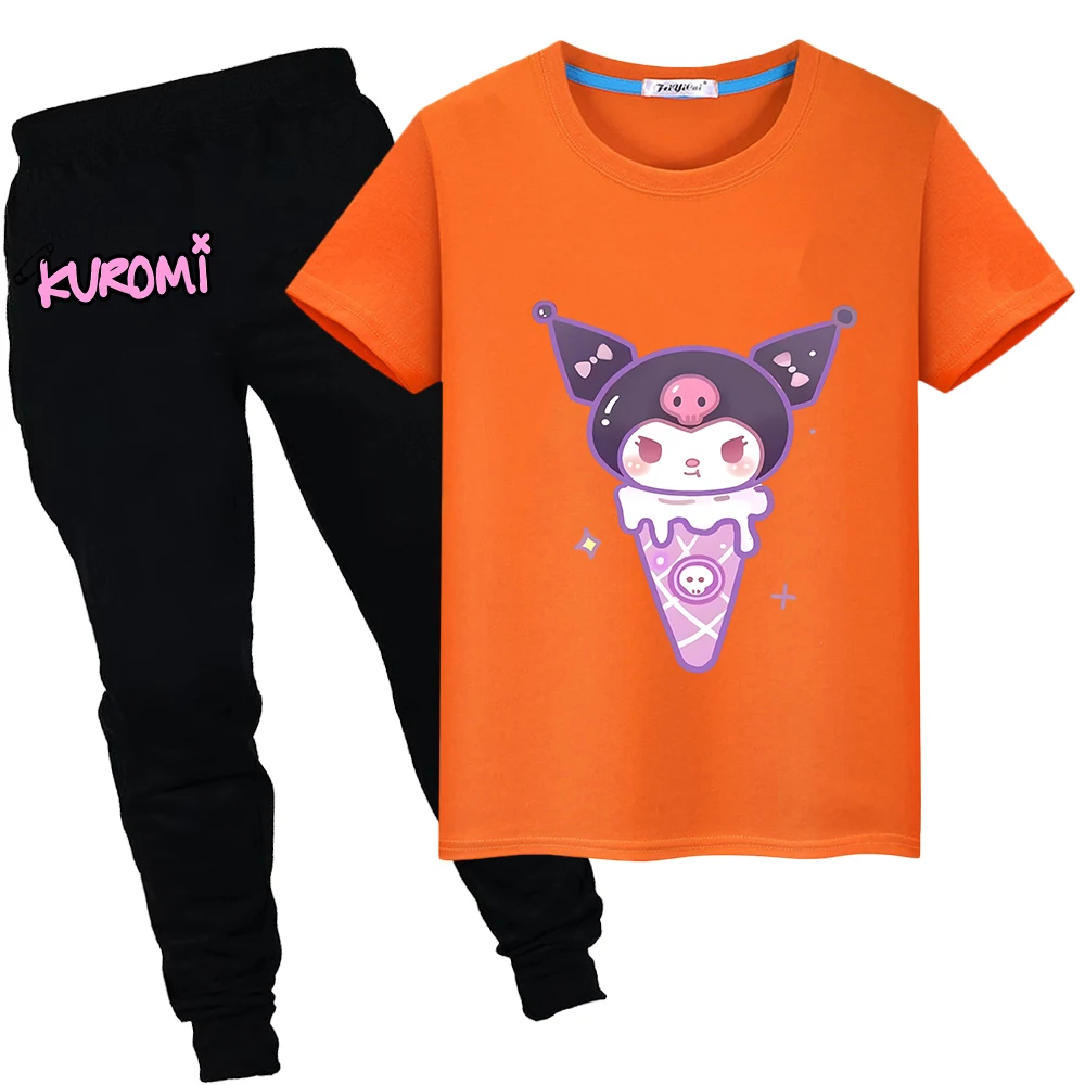 Sanurgente Kuromi-Survêtements décontractés pour enfants, manches courtes, pantalons longs, vêtements de sport pour enfants, t-shirts d'été pour garçons et filles, ensembles de 2 pièces