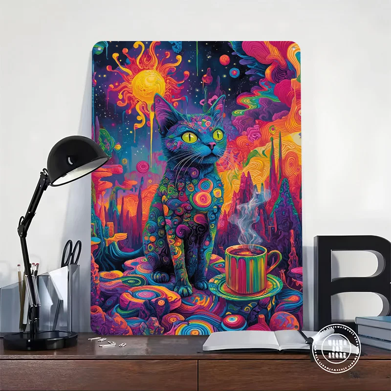 Psychedelic Cat With Coffee Poster Customized Vintage Metal Signs Wall Art Retro Tin Plaque for Bar Accessories Custom Plate