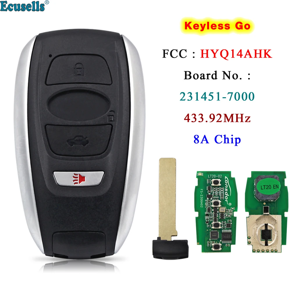 Ecusells Smart Keyless Go Remote Key 4 Buttons 433.92MHz 8A Chip for Subaru Legacy Outback Forester Impreza HYQ14AHK 231451-7000