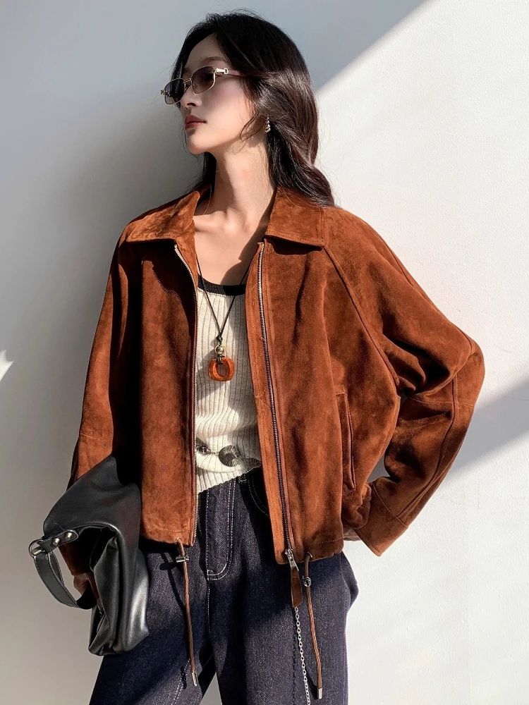 Giacche vintage in vera pelle scamosciata corta per donna Autunno Inverno 2025 Cappotto in vera pelle di capra casual allentato semplice di fascia alta
