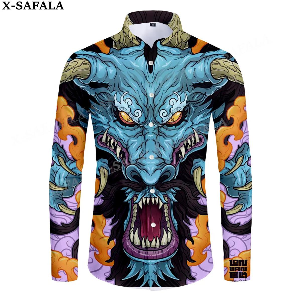 

Samurai Oni Mask Tattoo 3D Print Men's Luxury Shirt Turn-down Collar Buttoned Up Long Sleeve Tops Hip Hop Streetwear Tees-4