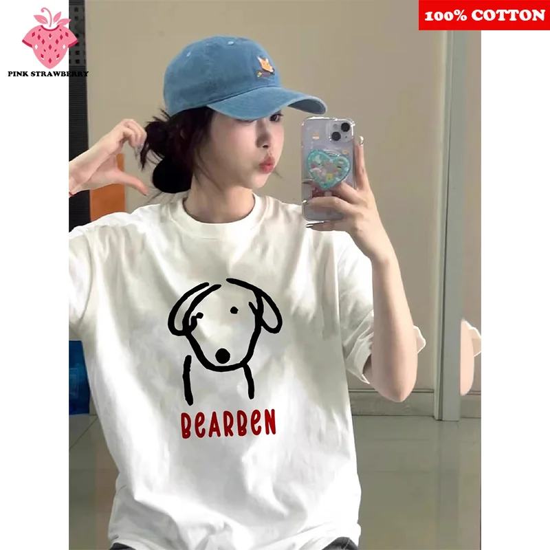 Cute Abstract Polar bear Print T-shirt Women Summer 2025 New 100% Cotton short sleeves Casual Tee Y2k Tops Youth female clothing