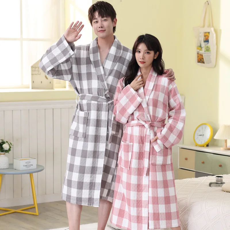 2023 Spring Autumn Bathrobe Men 100% Cotton Sleep Tops Kimono Robes For Male Plaid Robes Long Bath Robe Bride Robe Dressing Gown