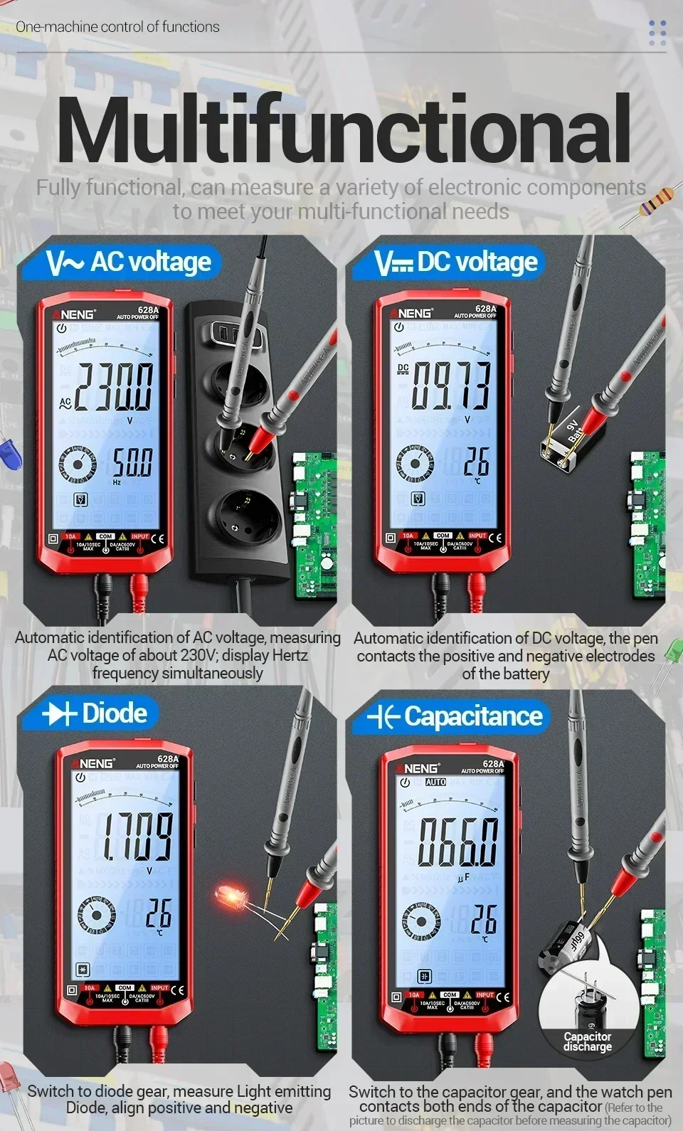 Automatic Multimeter for Measuring AC/DC Voltage Current and Temperature NCV Non-Contact Electrical Testing Model ANENG 628A