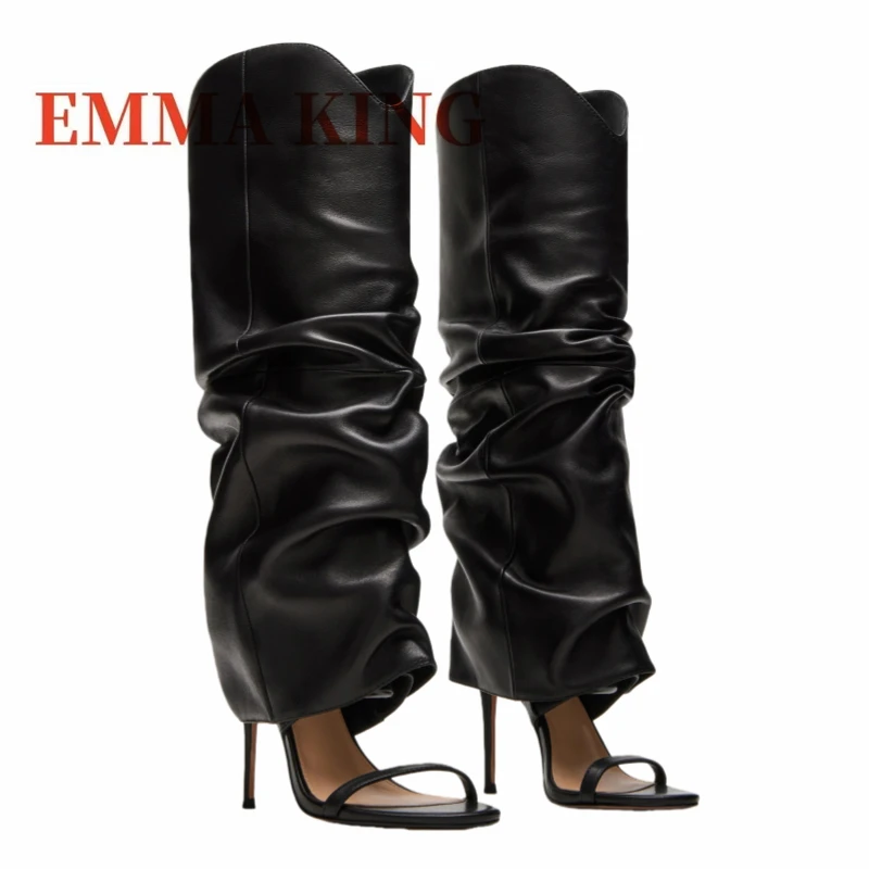 مثير المفتوحة تو حذاء بكعب عالٍ للركبة أسود بولي Leather جلد خنجر عالية الكعب مطوي أحذية الصيف النساء الفاخرة تصميم بوتاس دي Mujer