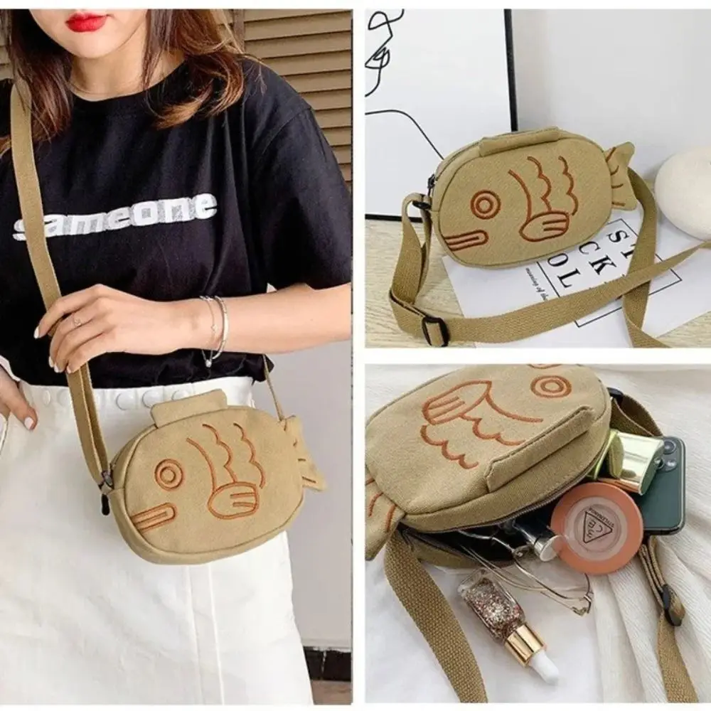 Cute Canvas Messenger Bag Creative Cartoon Embroidery Fish Shape Bag Portable with Shoulder Strap Zippered Small Purses