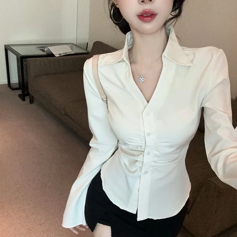 Gagarich Fashion Woman Blouse Korean New Sexy Lapel Single Breasted Design Pleats Slim Fit Slimming Long Sleeved Shirt Top