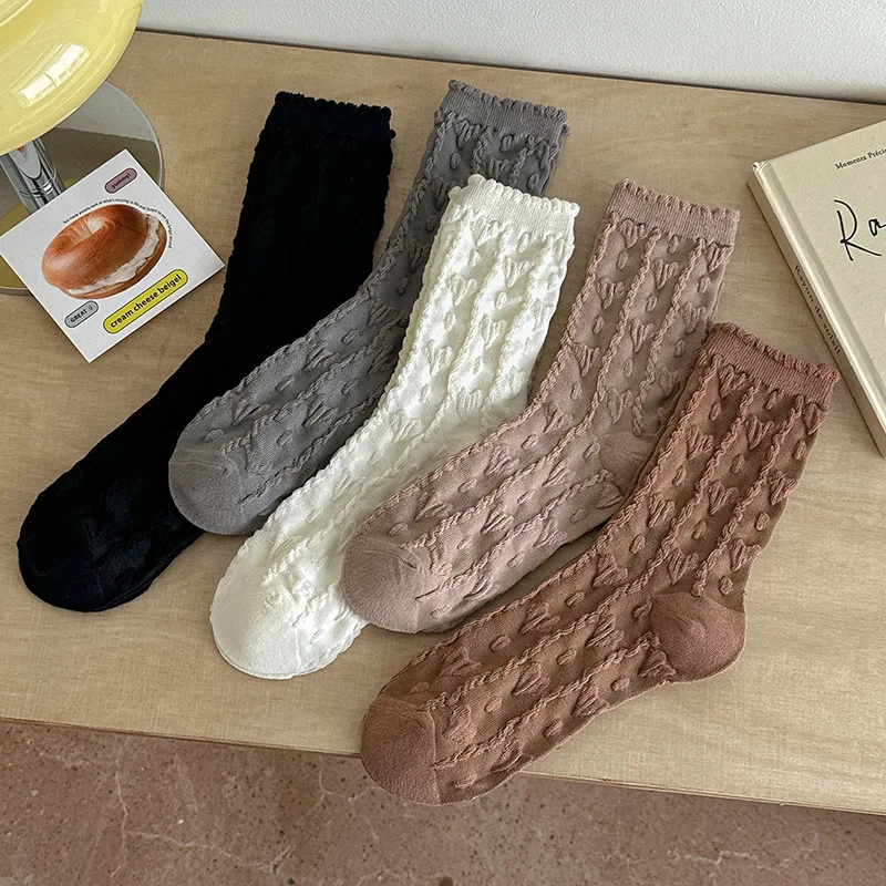 Spring and Autumn Mid-Tube Women's Socks Coffee System Japanese Women's Fashionable Socks New Solid Color Long Tube Cotton Socks