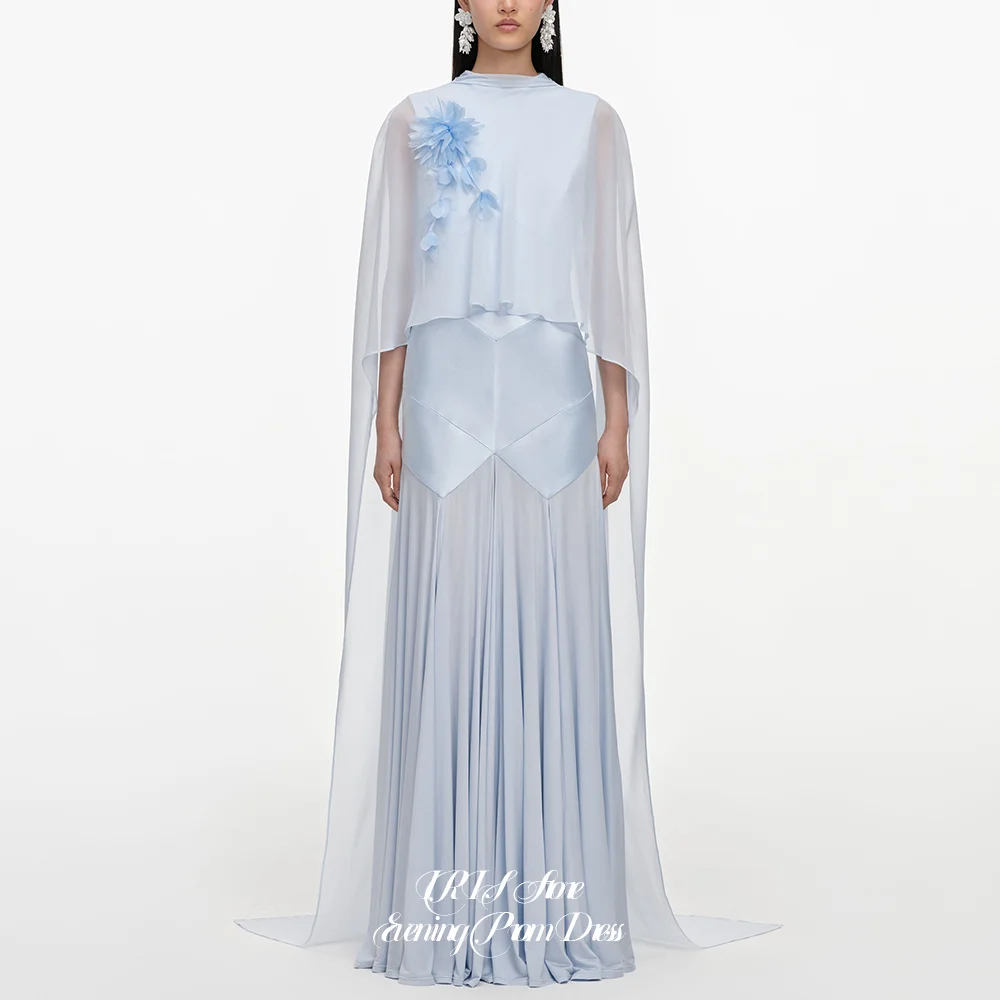 

IRIS Elegant Soft Light Blue Chiffon Cape Floral Applique Maxi Mother Of Bride Formal Evening Gowns for Women Customized 2026