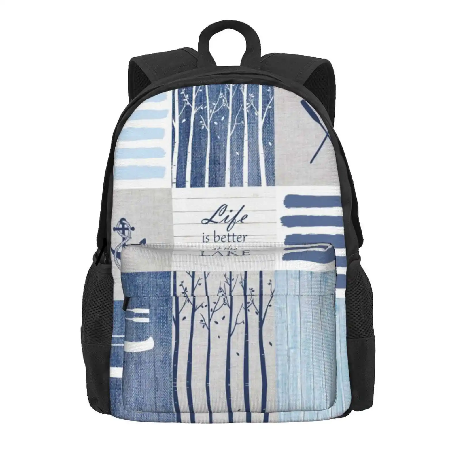 Life Is Better At The Lake Patchwork Hot Sale Schoolbag Backpack Fashion Bags Faux Patchwork Lake Time Lakeside Blue White