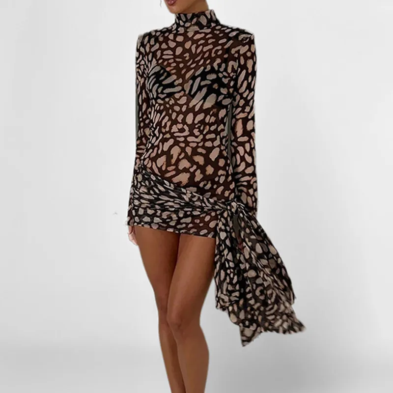 2023 rollkragen Sexy Sheer Print Leopard Bandage Frauen Kleid Langarm Mini Kleid Dame Frühling Schlank Elegante Party Club Kleid