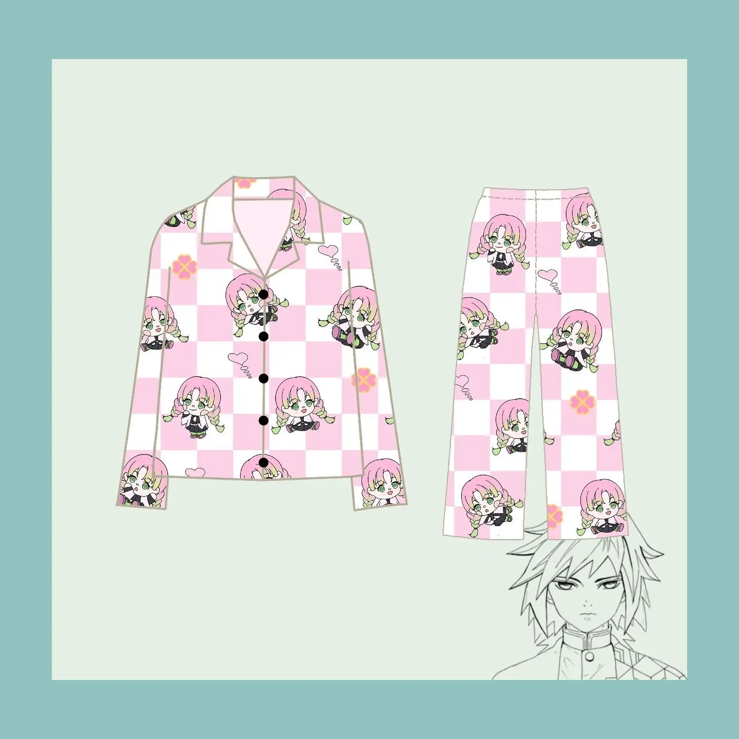 Demon Slayer Kanroji Mitsuri All Over Print Homewear Pajama Long Sleeve Lapel Blouse Long Pants Cute Soft Touch Clothing Suit