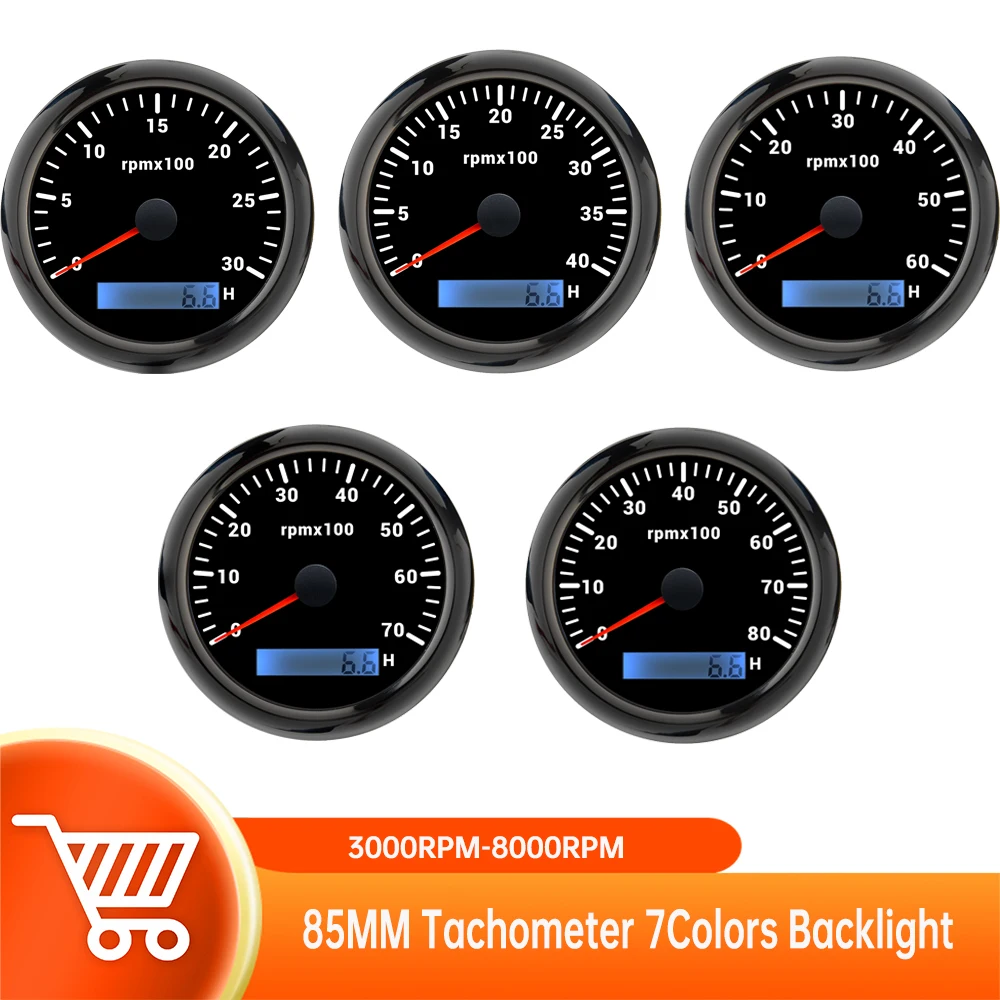 85MM Tachometer with LCD Hour Meter 3000RPM-8000RPM Car RPM Gauge 7Colors Backlight For Marine Boat Car