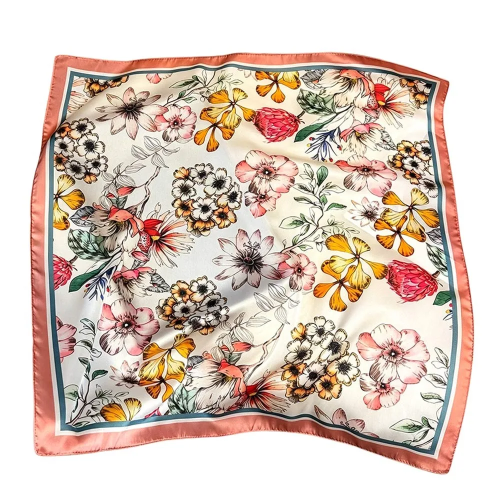 

65*65cm Fashion Luxury Women Silk Scarf Flowers Print All-Match Headband Scarf Square Breathable Handkerchief Scarf
