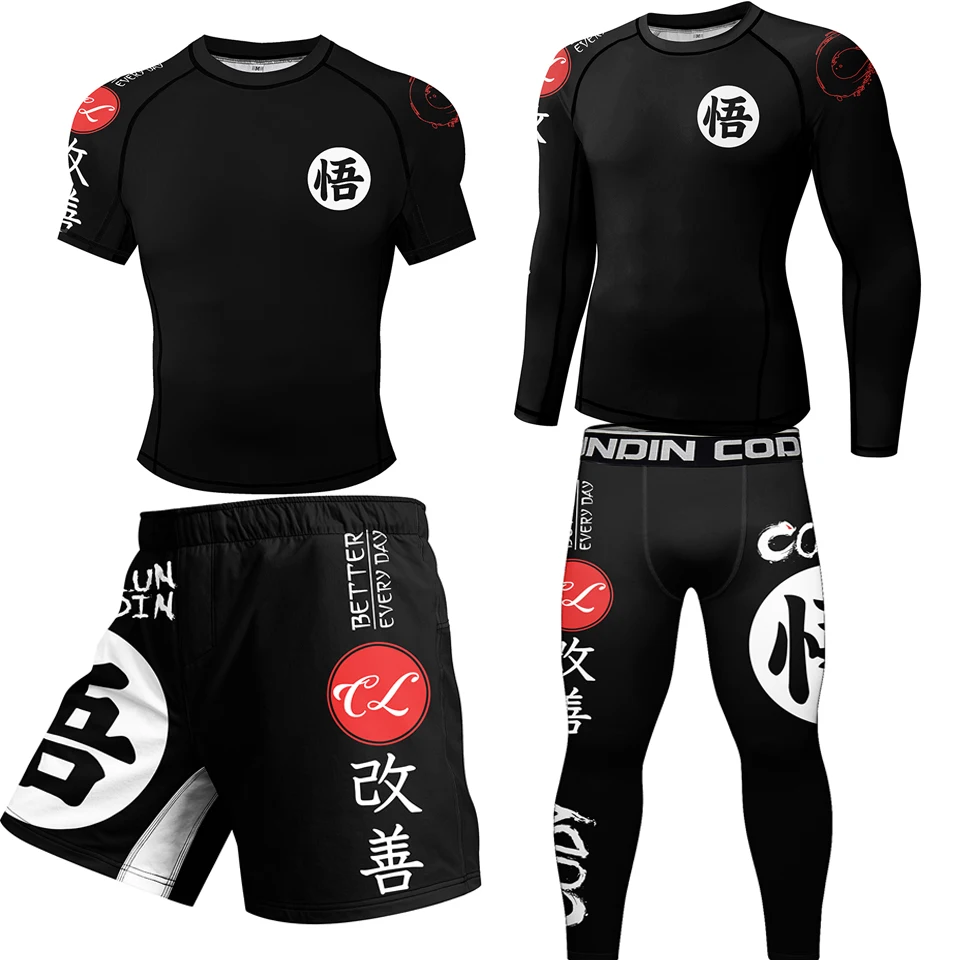 Nowy Rashguard Jiu Jitsu dla mężczyzn koszulka MMA + spodnie 4 sztuk/zestaw brazylijski Grappling Bjj boks sport odzież kompresyjna spodenki MMA
