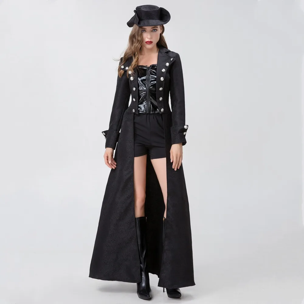 Vintage Medieval Pirate Costume for Adult Women Pirates Jack Sparrow Cosplay Halloween Costume Steampunk Black Long Trenchcoat