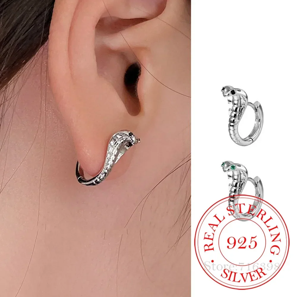 925 Sterling Silver Black/green Eye Cobra Punk Hiphop Snake Hoop Earrings For Women Wedding Party Jewelry Gift Female Pendientes