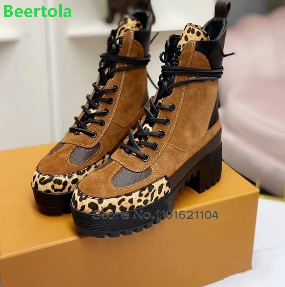 Thick Sole Lace-up Luxury Boots For Female Women 2024 New Round Toe Square Heel Ankle High Mixed Colors Fashion Casual Shoes