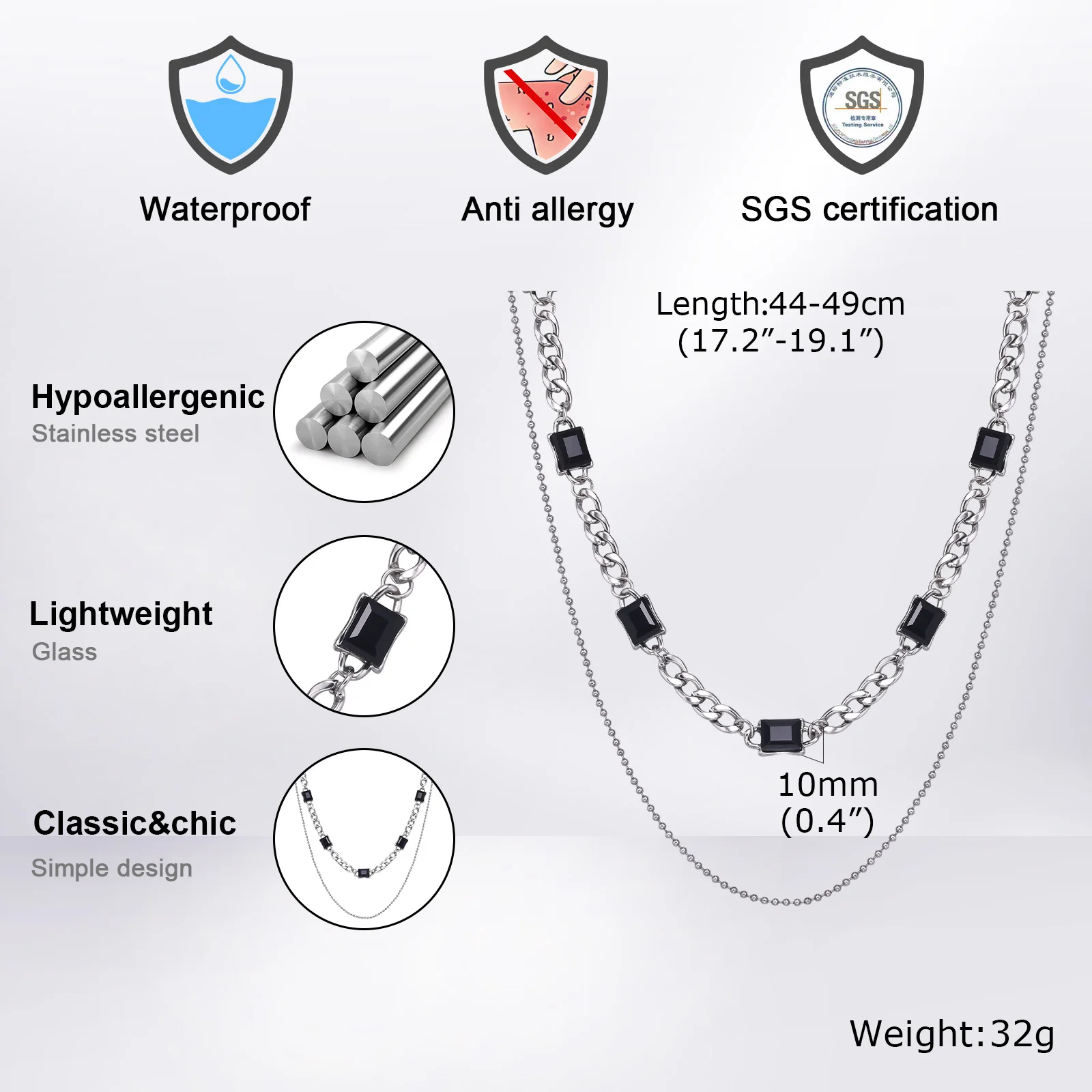 Mprainbow Double Layers Chain Necklaces for Men Women,Black Cubic Zirconia Stone with NK Chain Mini Bead Chains,Unisex Jewelry