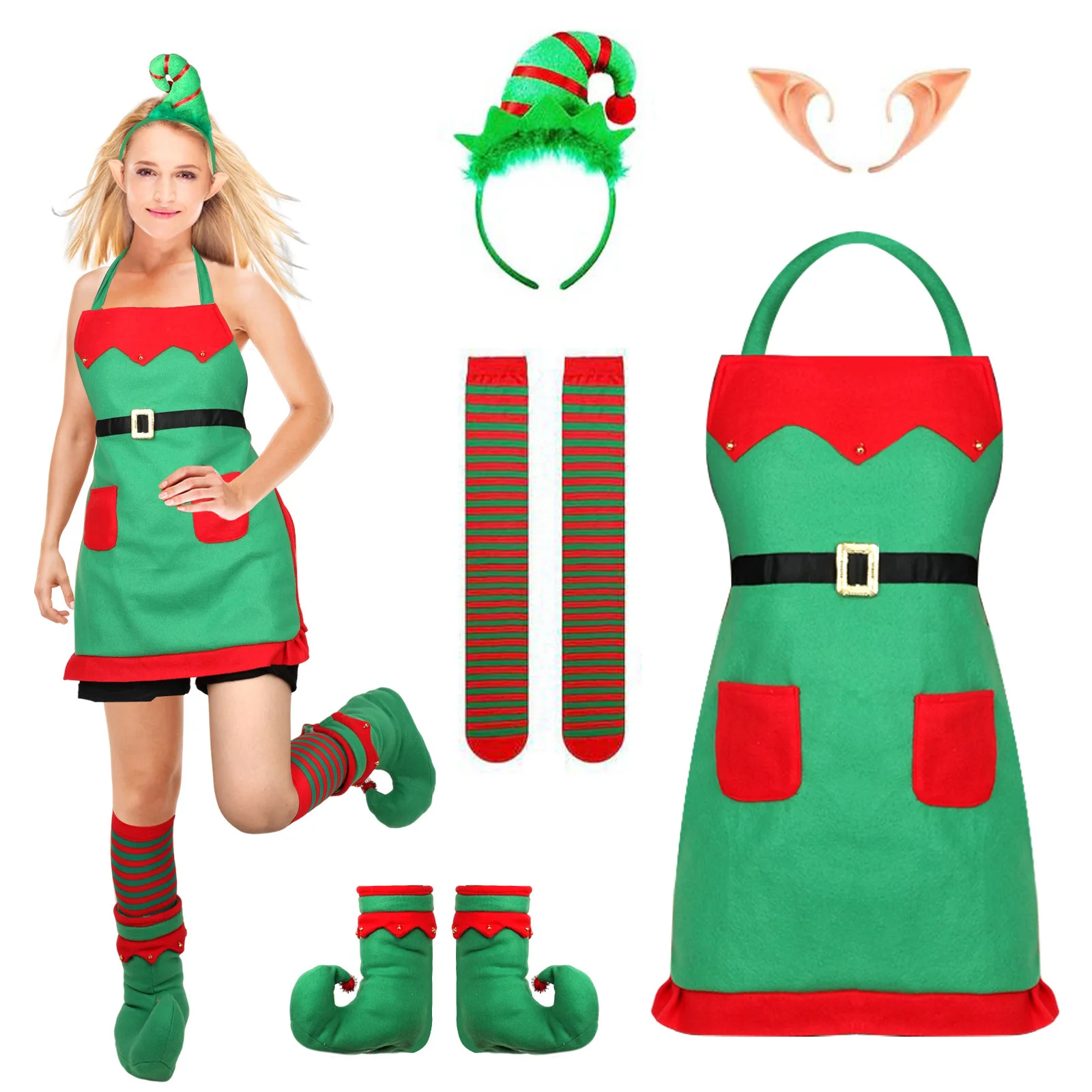 

Christmas Kitchen Apron with Headband for Adults Green Elf Holiday Cosplay Costumes New Year Outfit Christmas Accessories