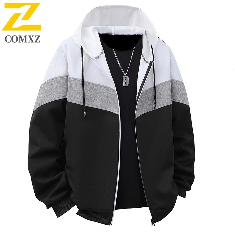 

COMXZ 2025 Spring Autumn Hooded Jacket Mens Loose Fit Color Block Casual Coat