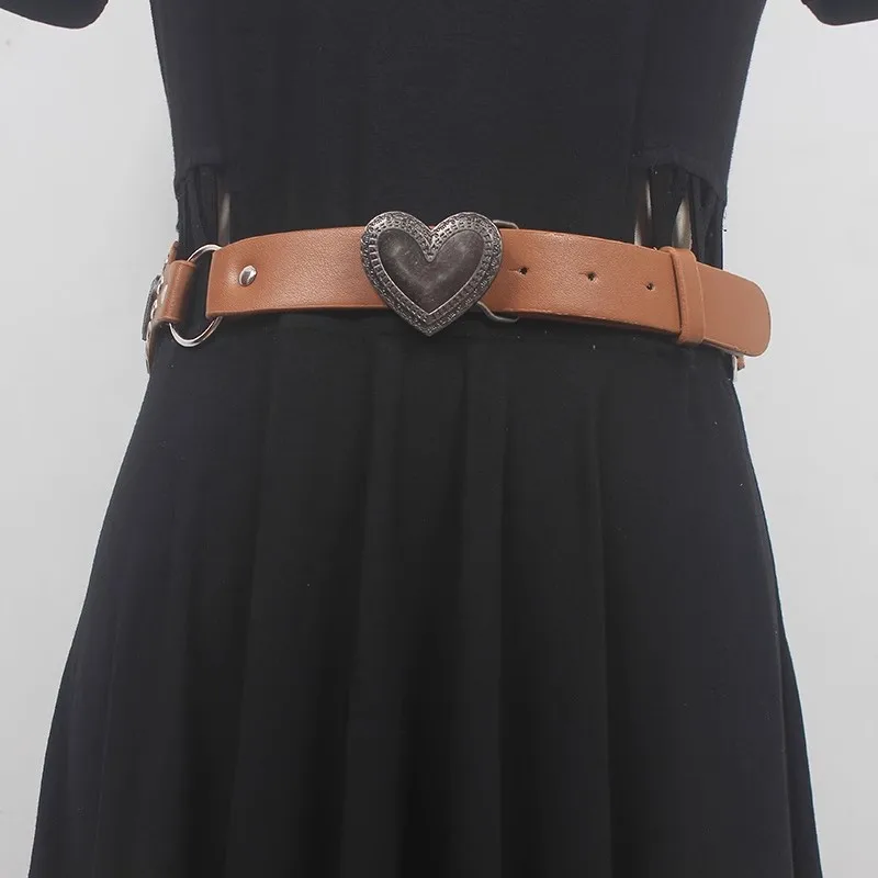 Women's Fashion PU Leather Heart Buckle Cummerbunds Female Dress Corsets Waistband Belts Decoration Wide Belt R522