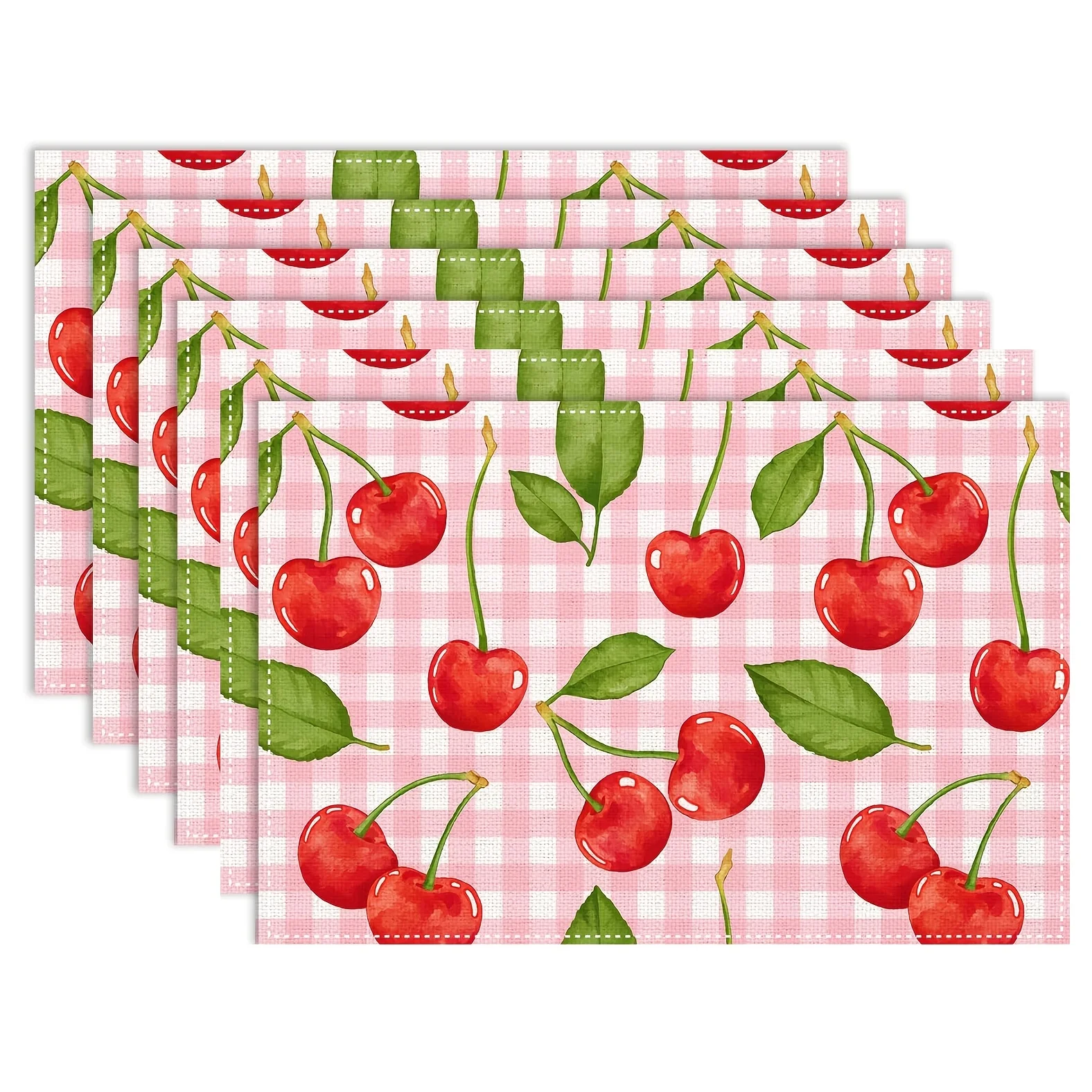 Pink Plaid Checkered Cherry Fruit Design Placemats Suitable for Home, Outdoor Gatherings, And Kitchen Dining Table
