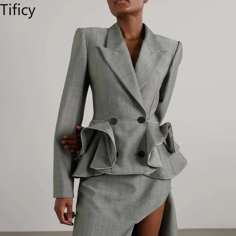 

TIFICY 2024 New High-end Women's Ruffles Patchwork Receiver Waist Blazers Collar Women's Jacket Spring Slim Short Blazer Suit