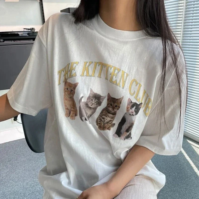 Kawaii The Kitten Club Women T Shirt Streetwear White Cotton Short Sleeve Femme Graphic Tee Cute Grunge Tops