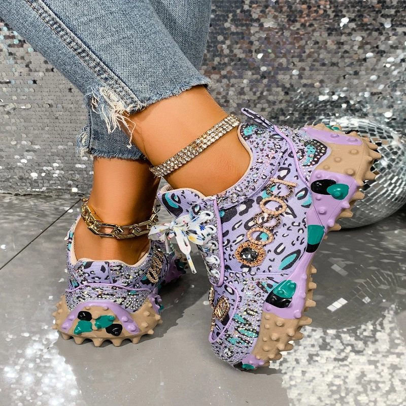 

High Quality Thick Soled Cross Tie Color Blocked Rhinestone Versatile, Comfortable, Non Slip, Breathable Sports Women's Shoes