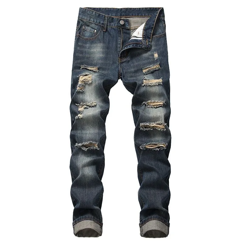 Spring and Autumn New Fashion Trend Retro Ripped Straight Leg Jeans Men's Casual Slim Comfortable Stretch High Quality Pants