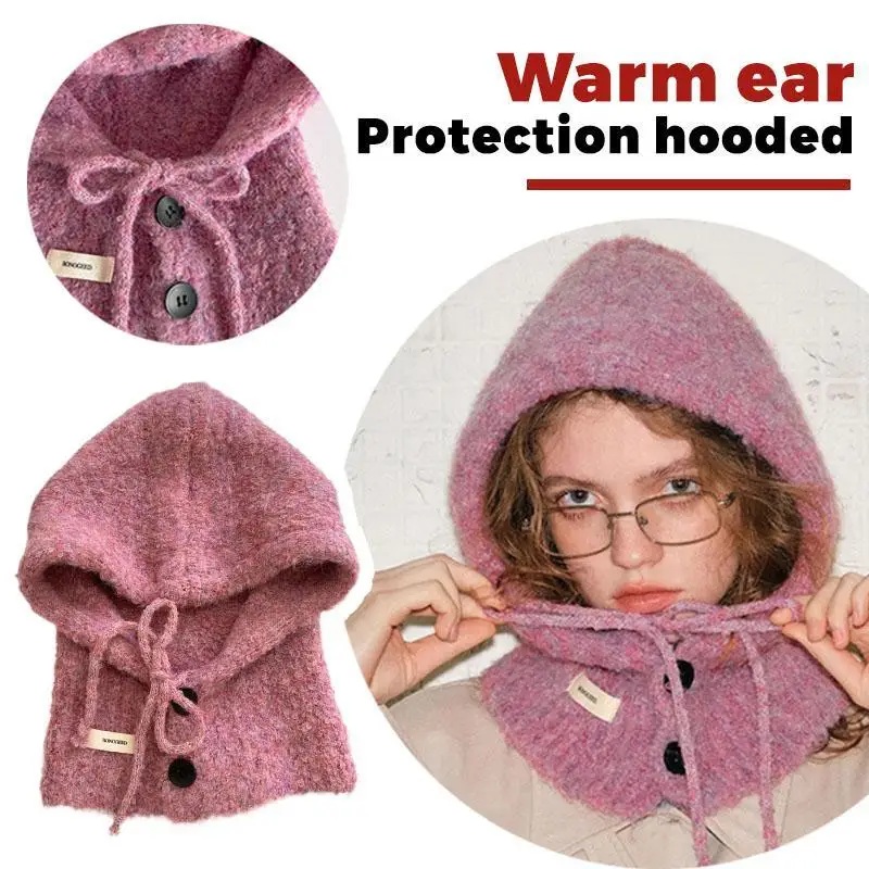 

Модные вязаные шапки с капюшоном, зимние шапки-балаклавы, женские корейские уличные теплые шапки на шнурке, цельные шапки с шейным воротником, шапки