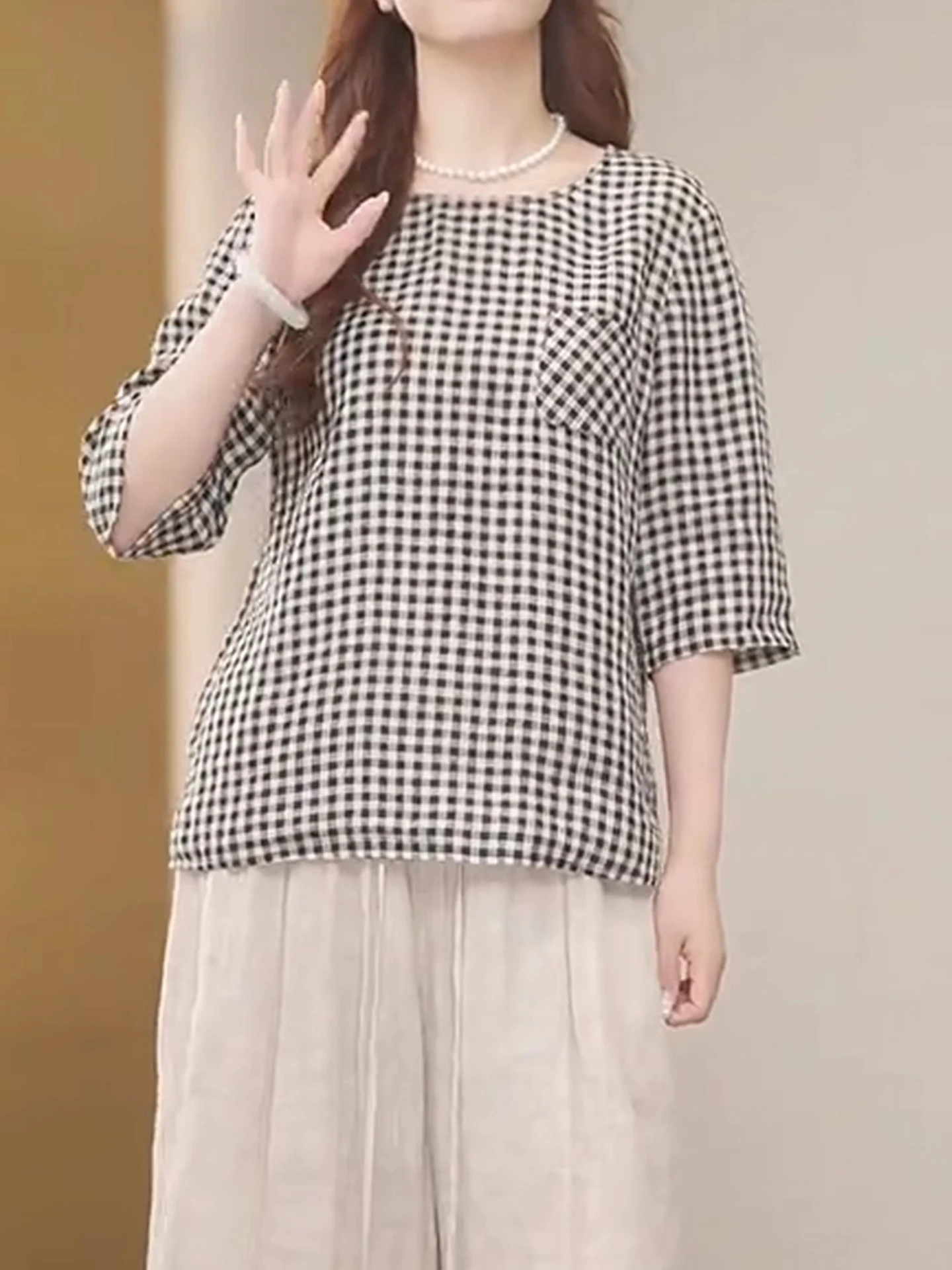 

Color Blo irt round Ne Overhead Simple Luxury Top Five Sve Summer Korean Version High-End Feeling Sle Wome...