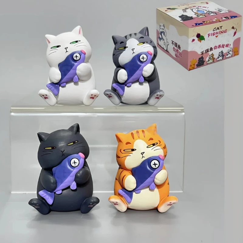 

4pcs Catching Fishing Cat Blind Box 5cm Mini Cute Cat Action Figures Kwaii Anime Cartoon Model Desktop Decora Surprise Gifts