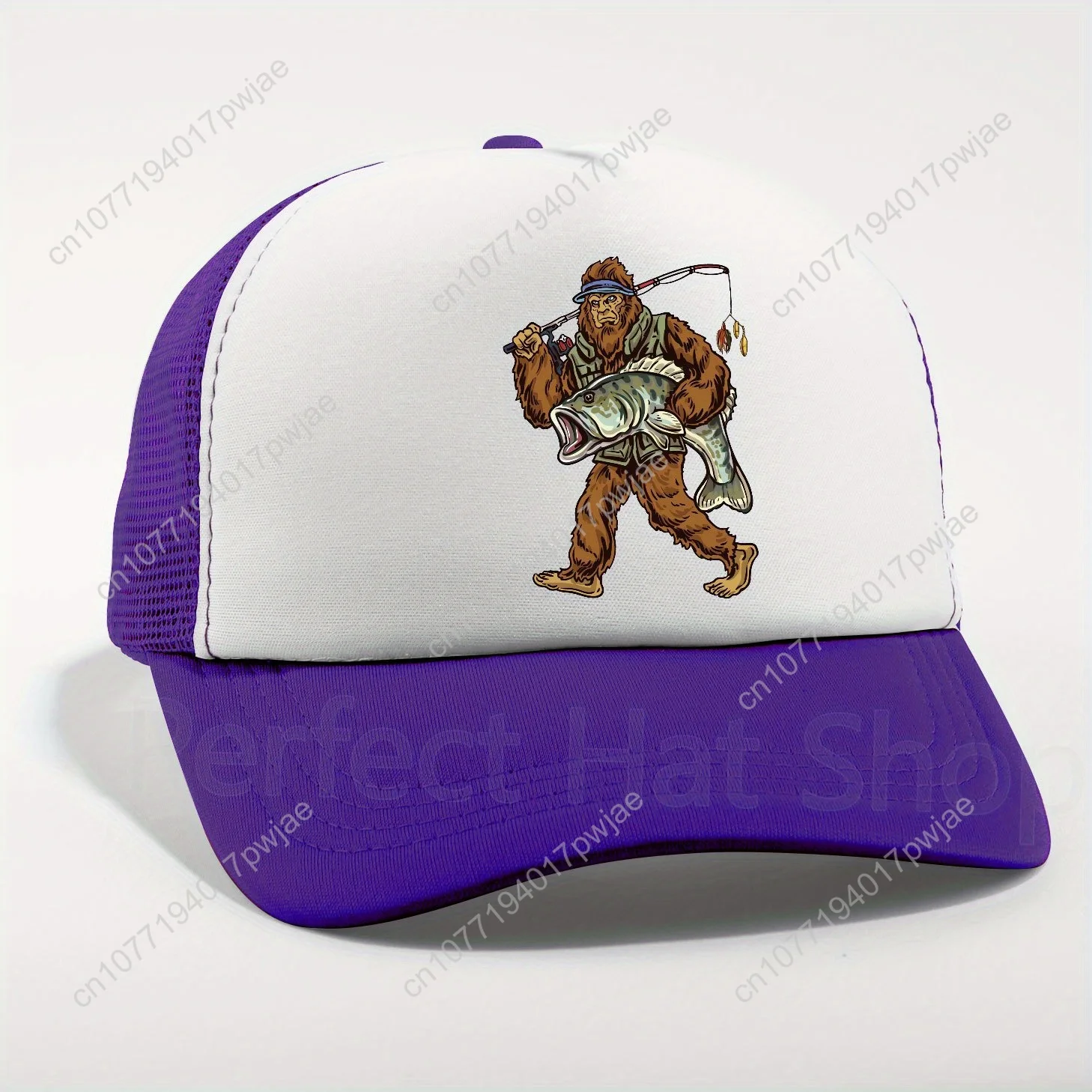 Gorra de béisbol ajustable con estampado de Sasquatch de pesca: sombrero ligero de poliéster con paneles de malla transpirable para actividades al aire libre