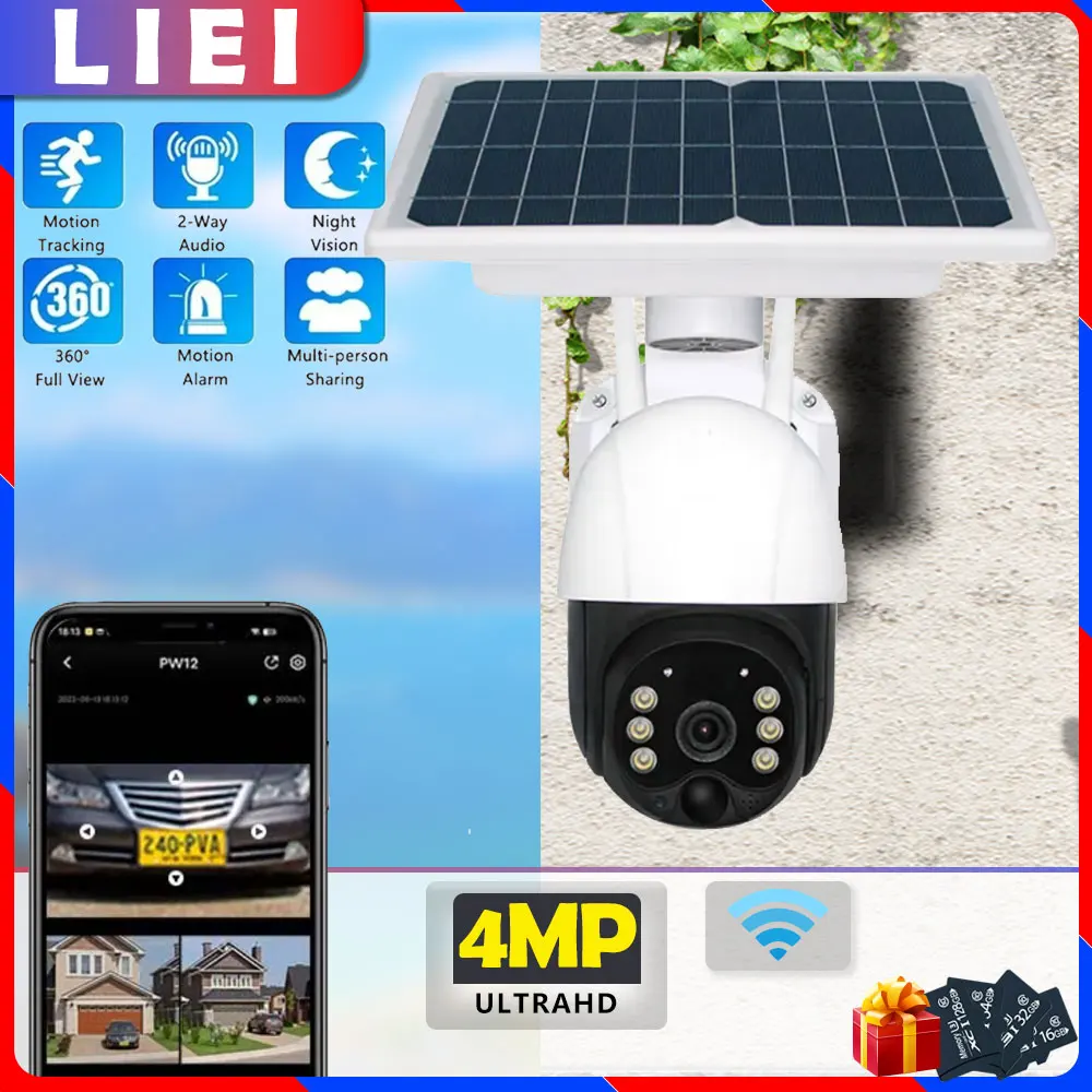 

LIEI 4MP UHD WIFI/4G Solar Camera Outdoor PIR Human Detection Wireless PTZ Camera Home Security Color Night Vision 2-Way Audio